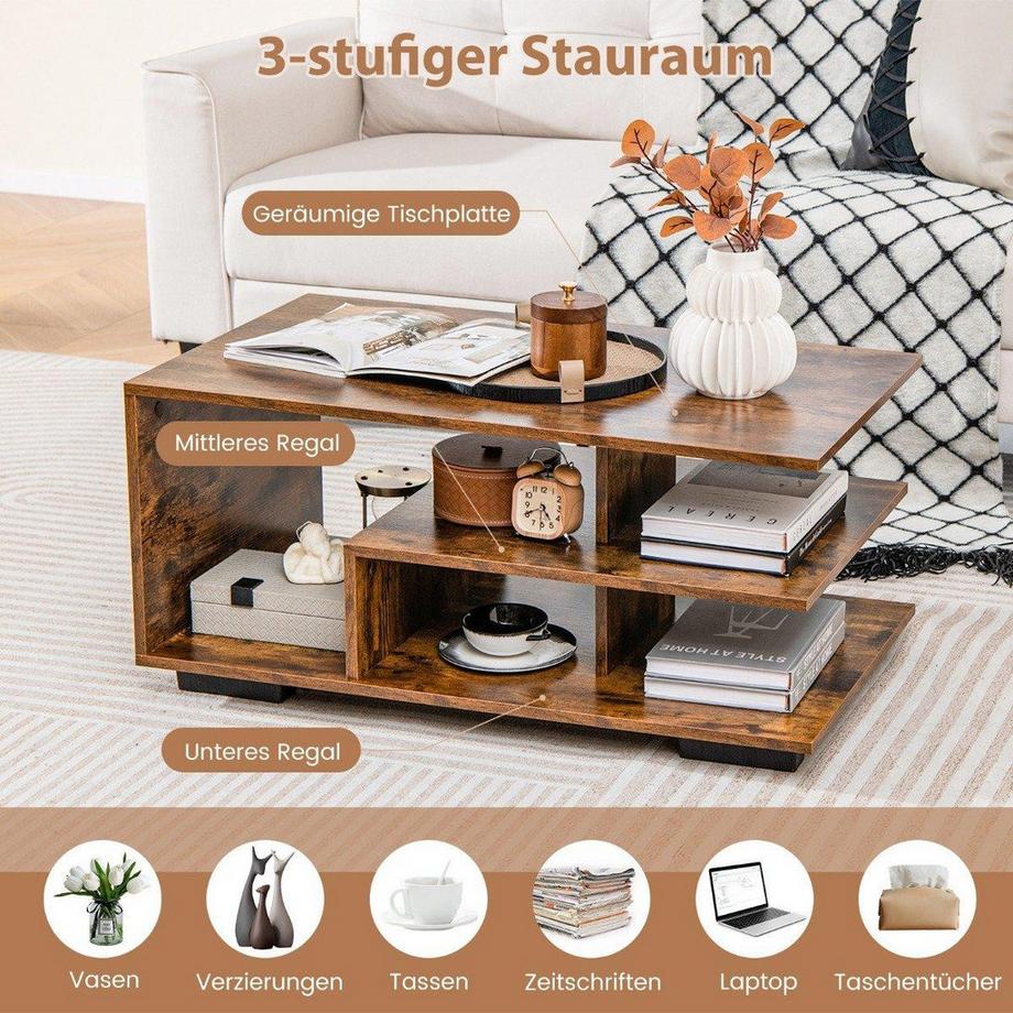 Northio Couchtisch mit Stauraum & L-förmiger Mittelablage Rechteckiger Wohnzimmertisch Akzenttisch Braun  