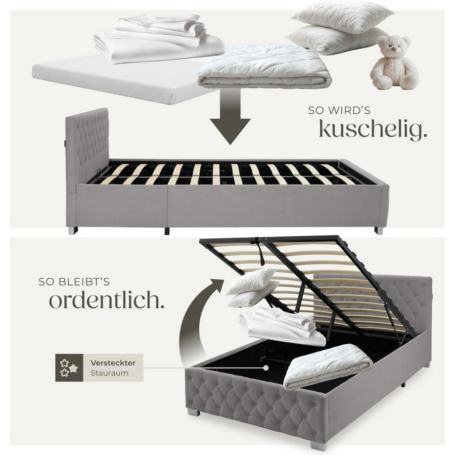 Tectake Polsterbett Sedona in Samtoptik mit Steppmuster indirekte LED-Beleuchtung an den Seiten  