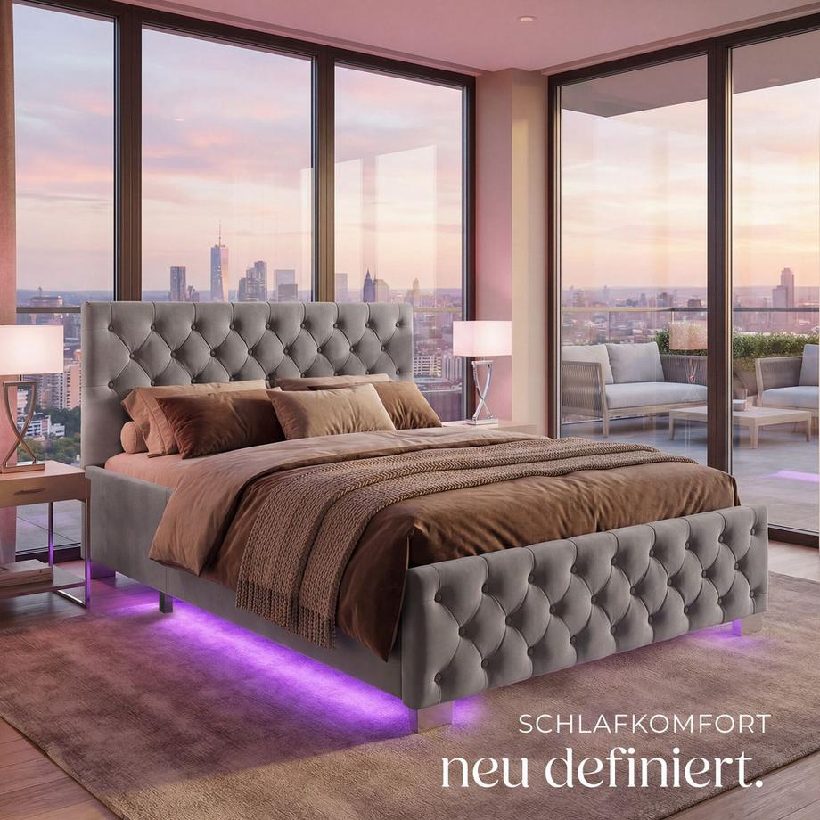 Tectake Polsterbett Sedona in Samtoptik mit Steppmuster indirekte LED-Beleuchtung an den Seiten  
