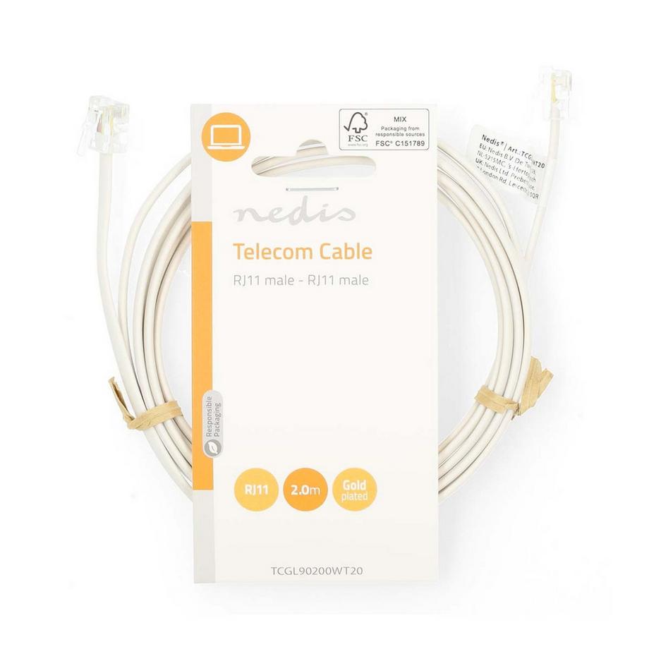 Nedis  Câble de télécommunications | Mâle RJ11 | Mâle RJ11 | 2,00 m | La conception du câble: plat | Placement: plaqué or | Type de câble: RJ11 | Blanc 