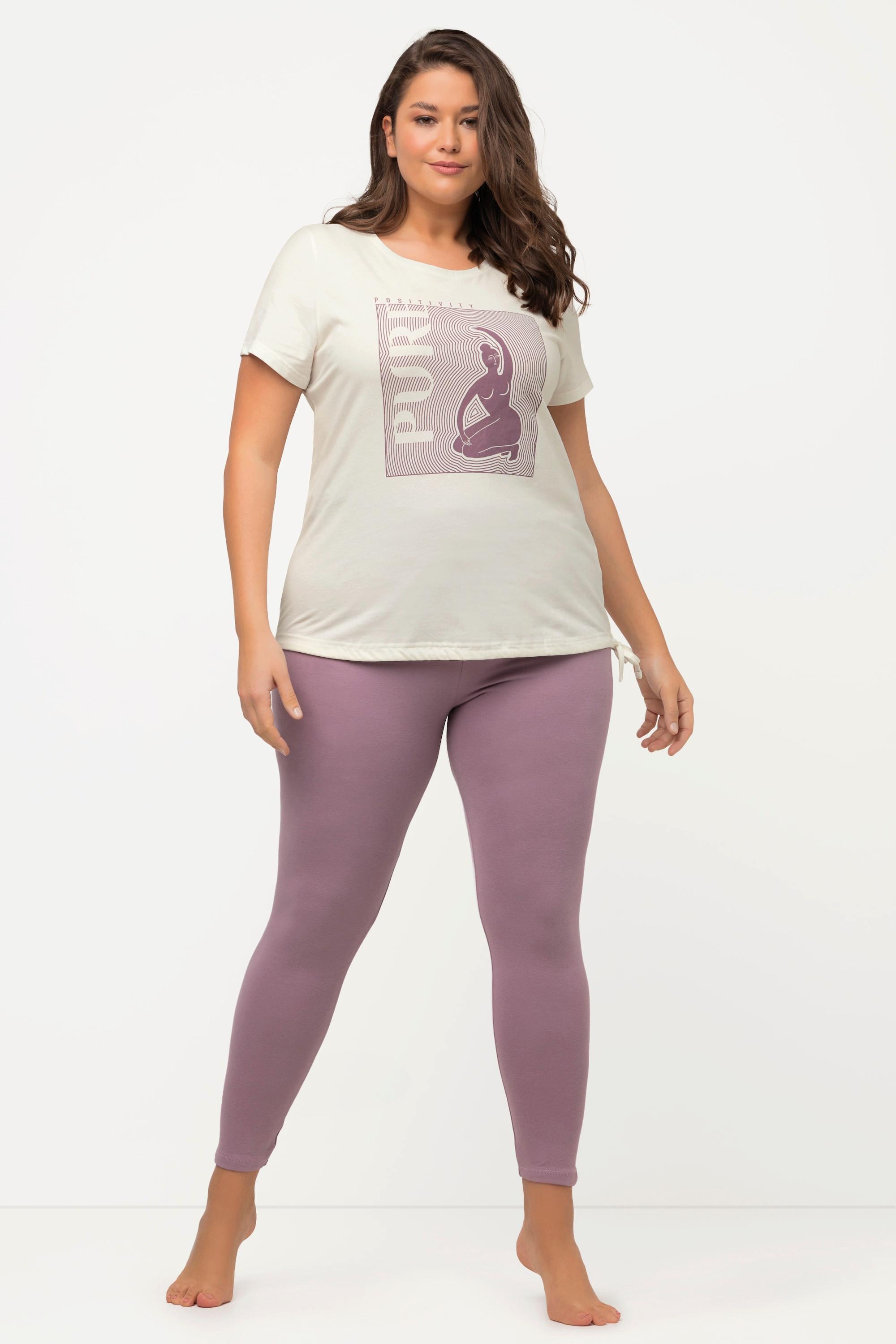 Ulla Popken  T-shirt da yoga di cotone biologico con PURE, scollo a girocollo e mezze maniche 