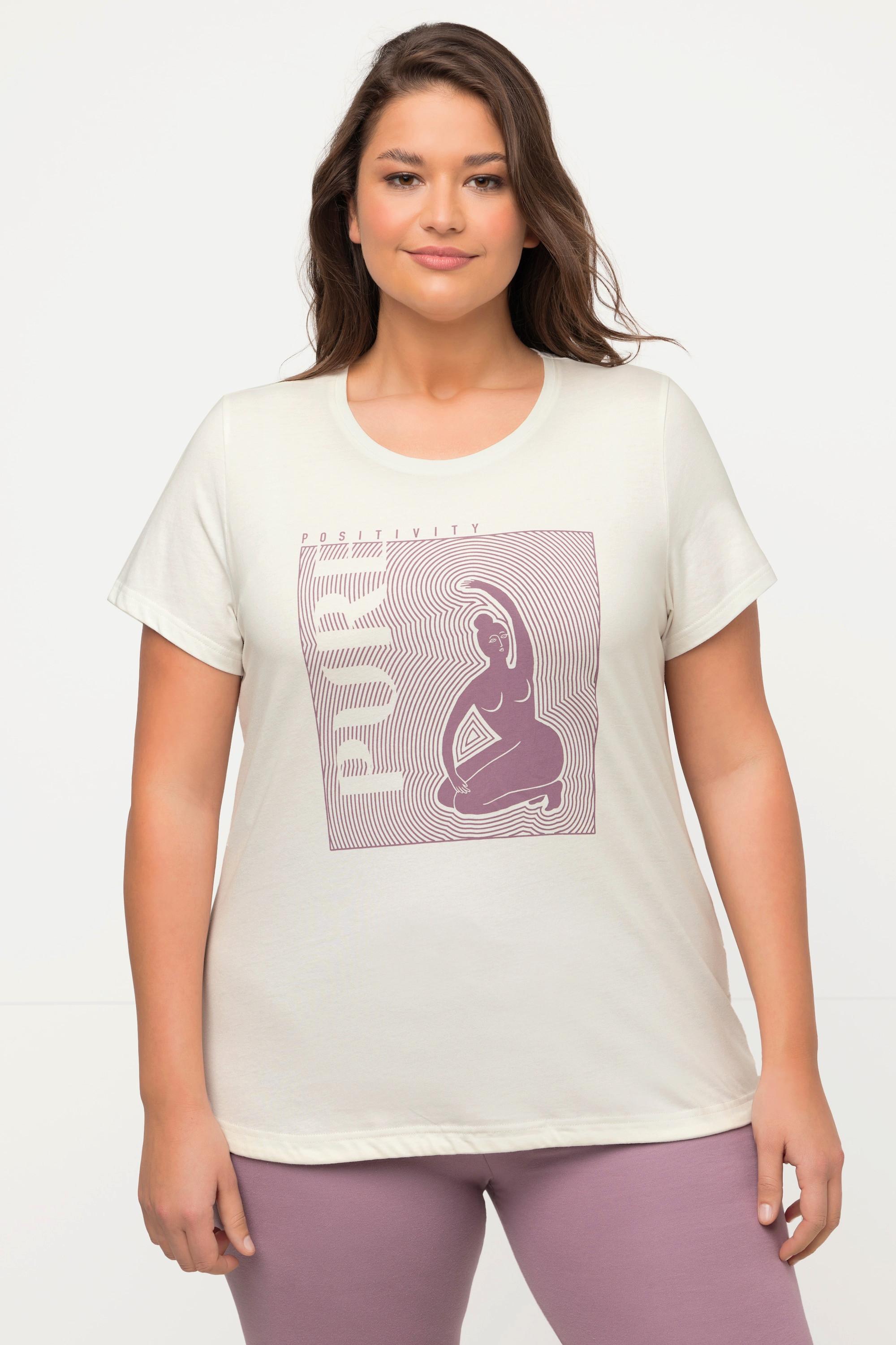 Ulla Popken  T-shirt de yoga avec imprimé PURE. Coton bio. Col rond et manches courtes. 