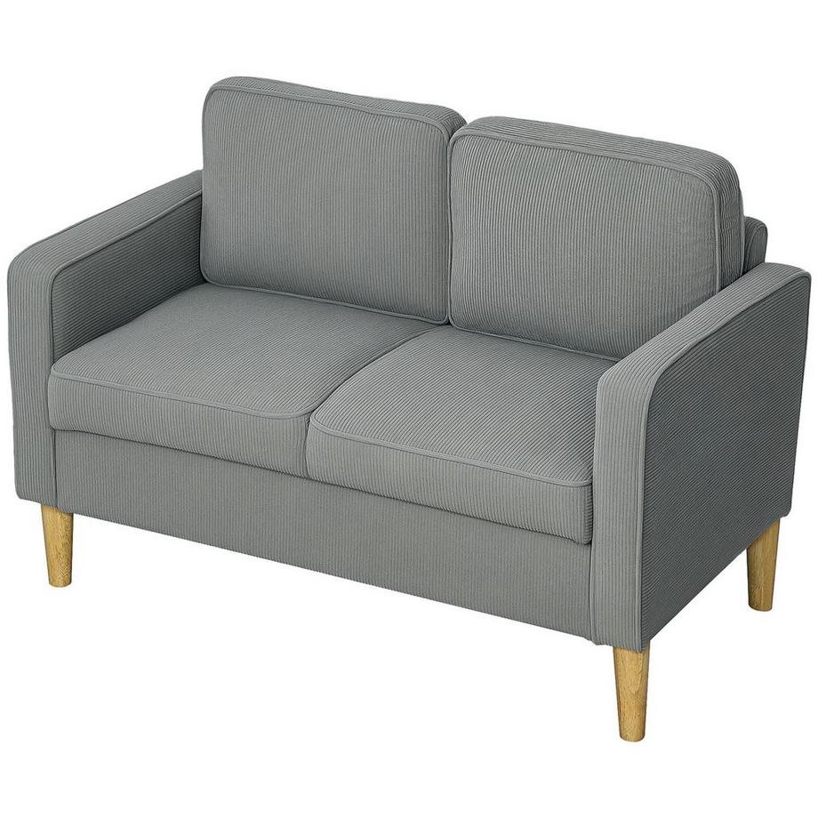 Sofa 2 Sitzer klein Couch mit Armlehne, Stauraum, modern Polstersofa mit Cordoptik, Holzbeine, Kissen, Loungesofa für Wohnzimmer, Schlafzimmer, 117 x 63 x 79 cm, Hellgrau