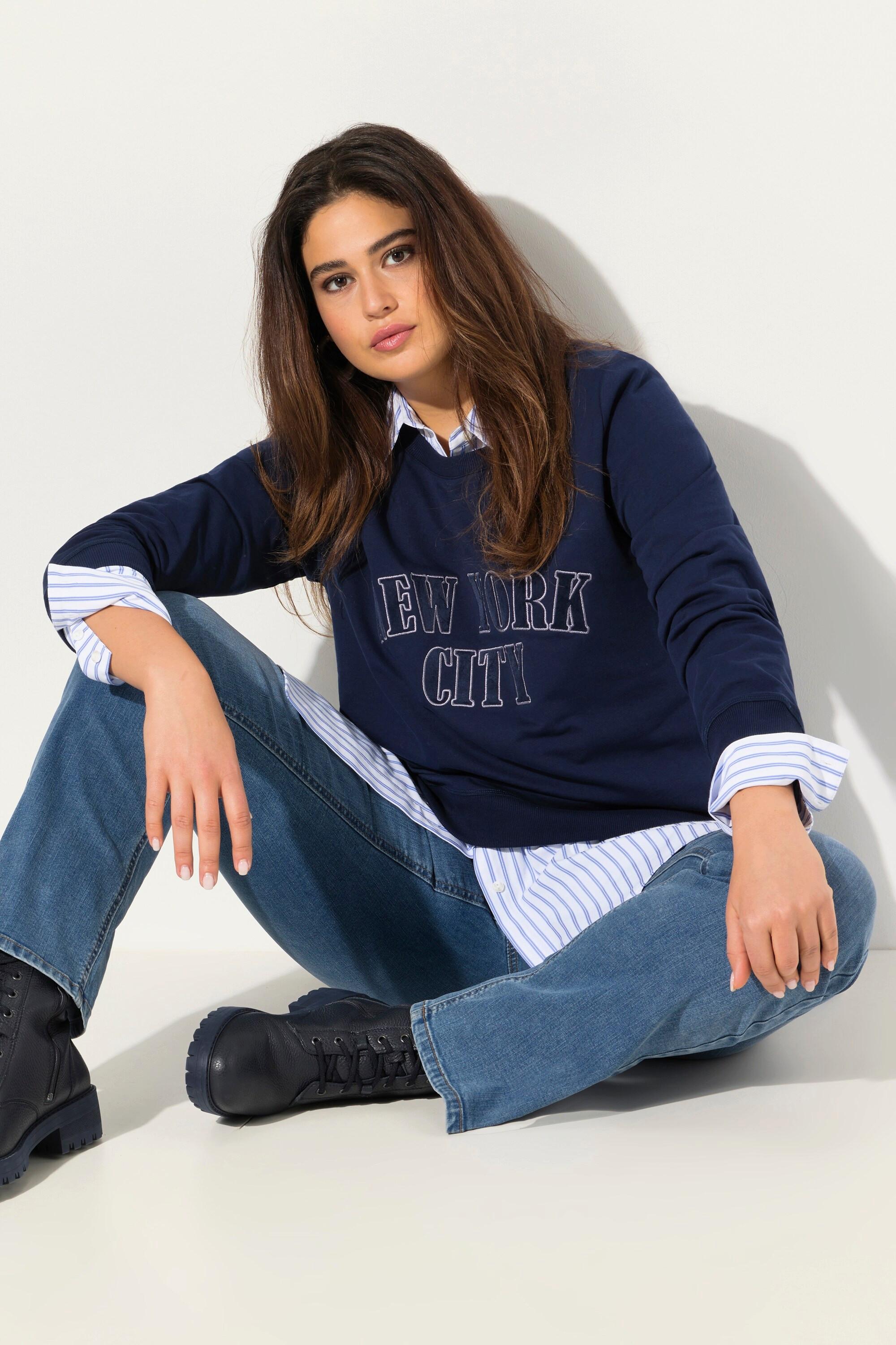 Ulla Popken Felpa ricamata scollo a V maniche lunghe  