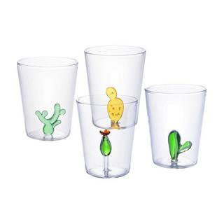 Vente-unique Lot de 4 verres avec cactus - Transparent et vert - D.8 x H. 10 cm - PUNTIA  