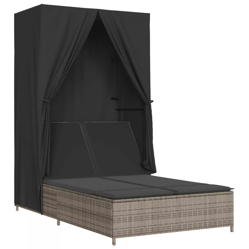 vidaXL Chaise longue double avec toit et rideaux gris résine tressée