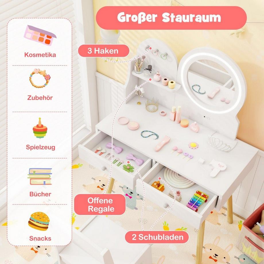 Northix  Toeletta per bambini con illuminazione 2 in 1 toeletta con specchio bianco 