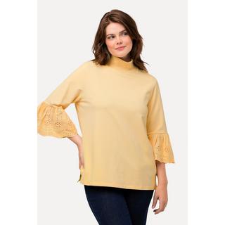 Ulla Popken  Sweat-shirt à col montant et manches 3/4, dentelle et coton bio 