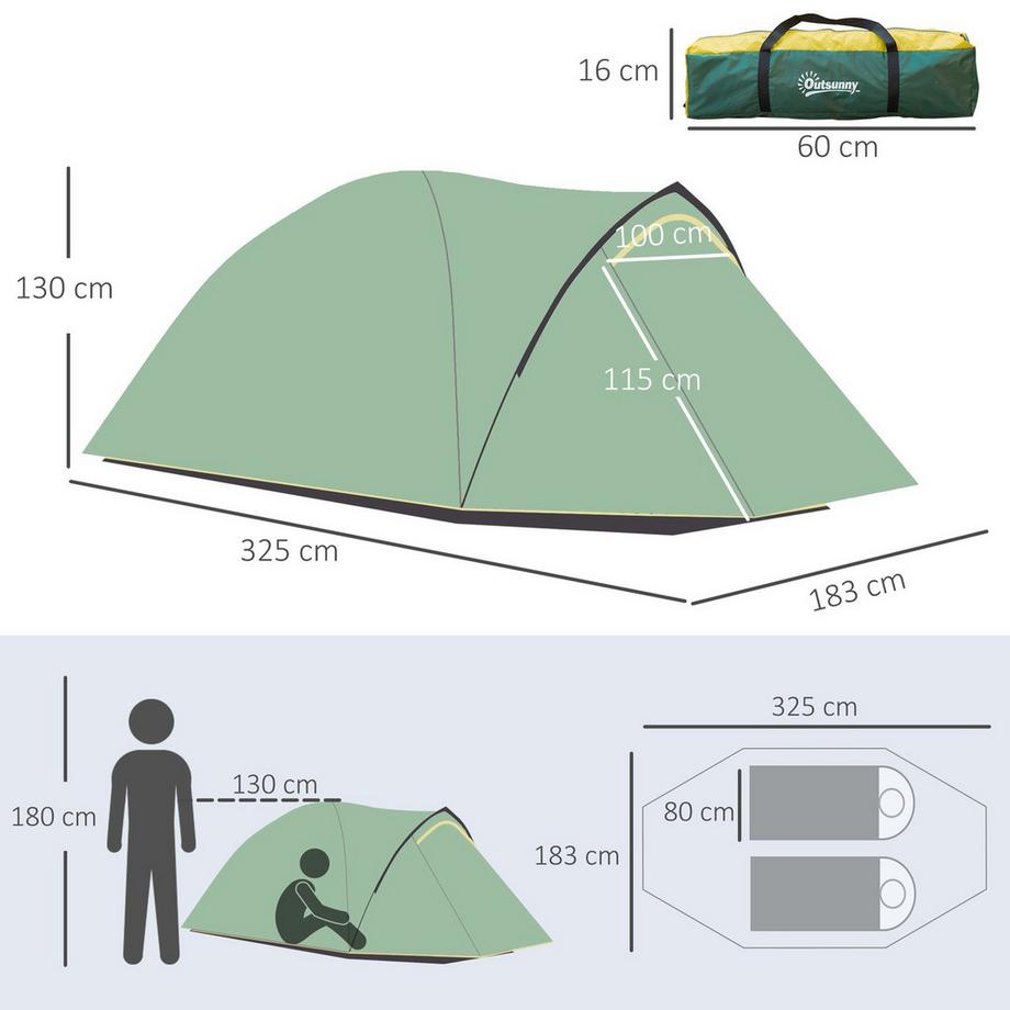 Northio  Tente Dôme 2-3 Personnes 190T Fibre De Verre Polyester Vert + Jaune 325X183X130Cm Piquets 