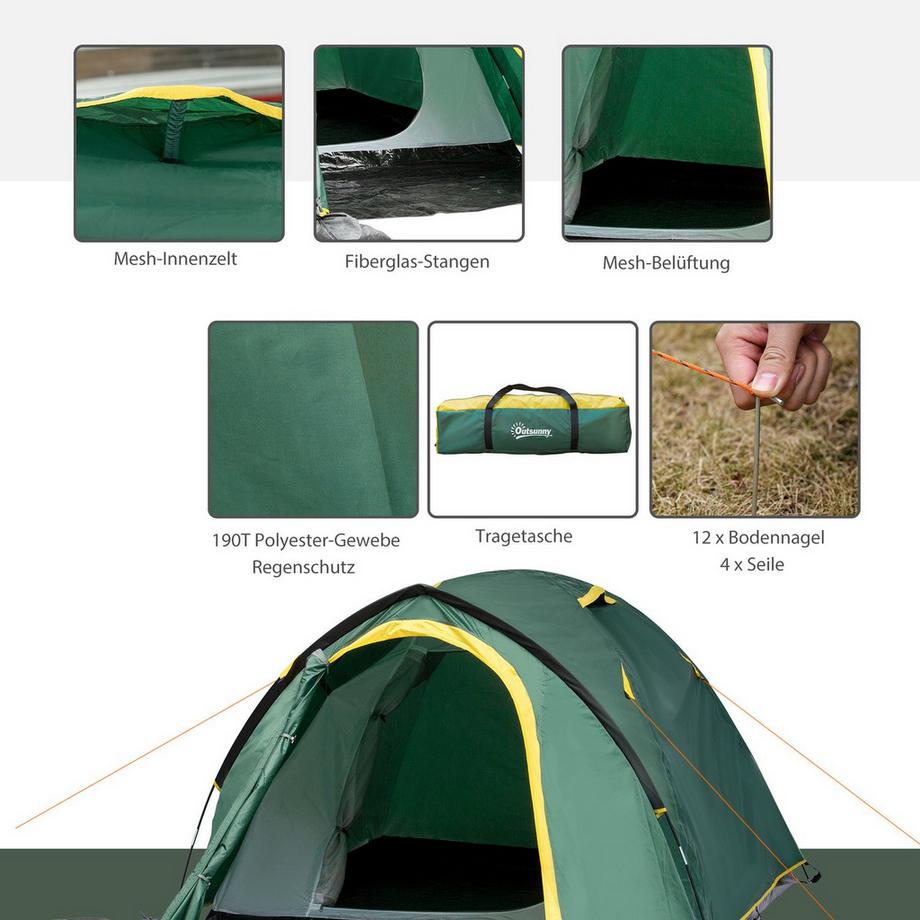 Northio  Tente Dôme 2-3 Personnes 190T Fibre De Verre Polyester Vert + Jaune 325X183X130Cm Piquets 