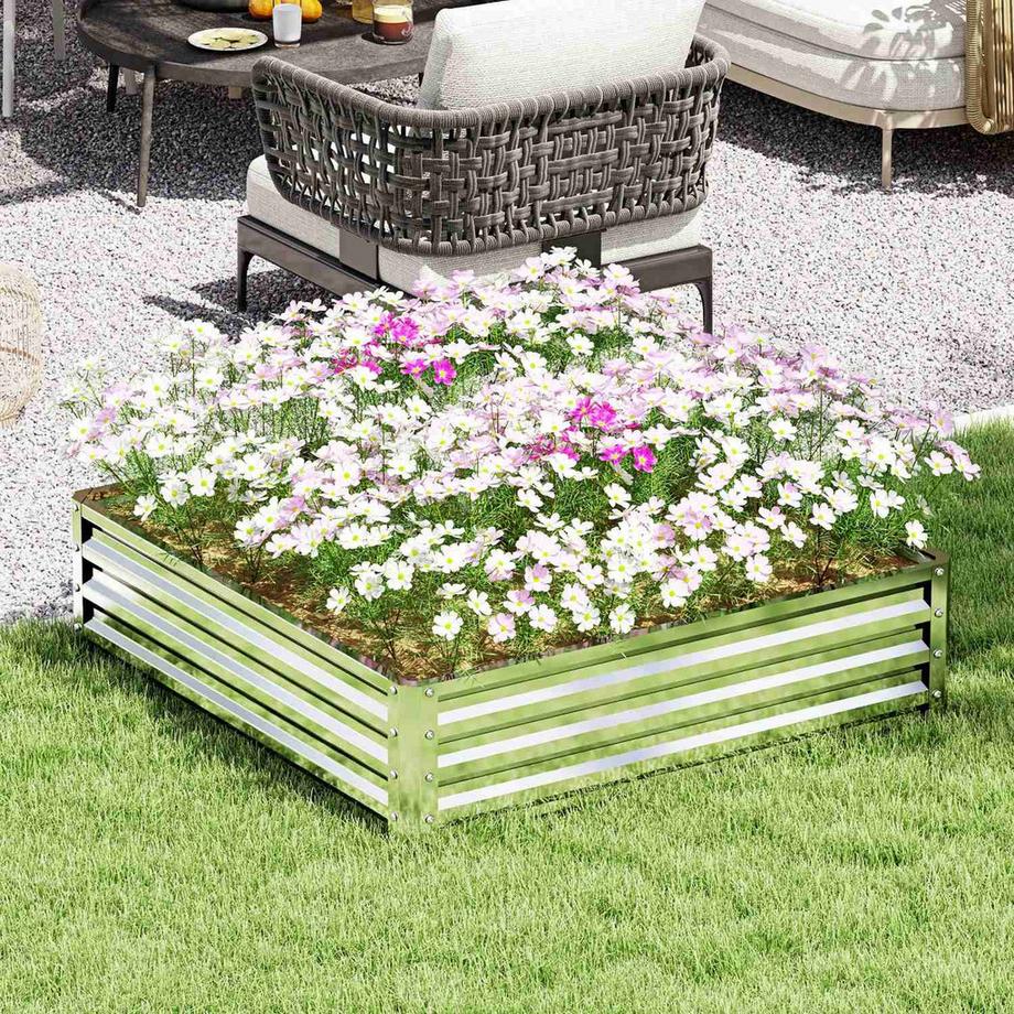 Northio  Parterre surélevé, bac à fleurs, potager, jardinière, parterre d'herbes aromatiques pour jardin, terrasse, balcon, acier, argent, 120 x 120 x 30 cm | 