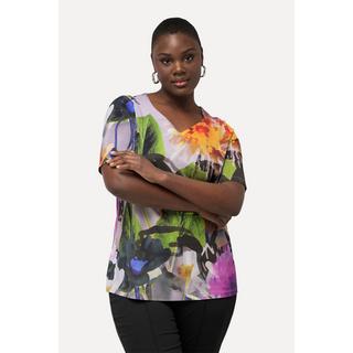 Ulla Popken  T-shirt floral en tissu fluide slinky à col en forme de cœur et manches courtes 