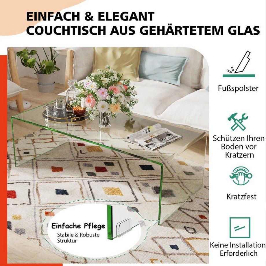 B2X Couchtisch Glastisch U-förmiger Beistelltisch aus Gehärtetem Glas  