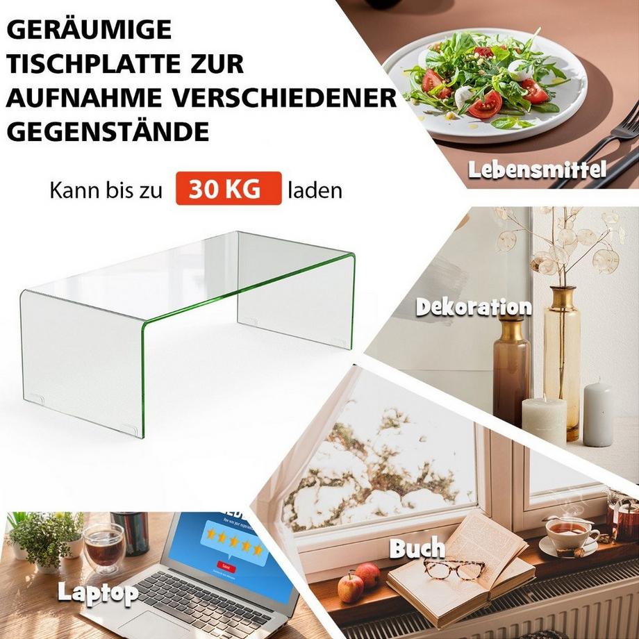 B2X Couchtisch Glastisch U-förmiger Beistelltisch aus Gehärtetem Glas  