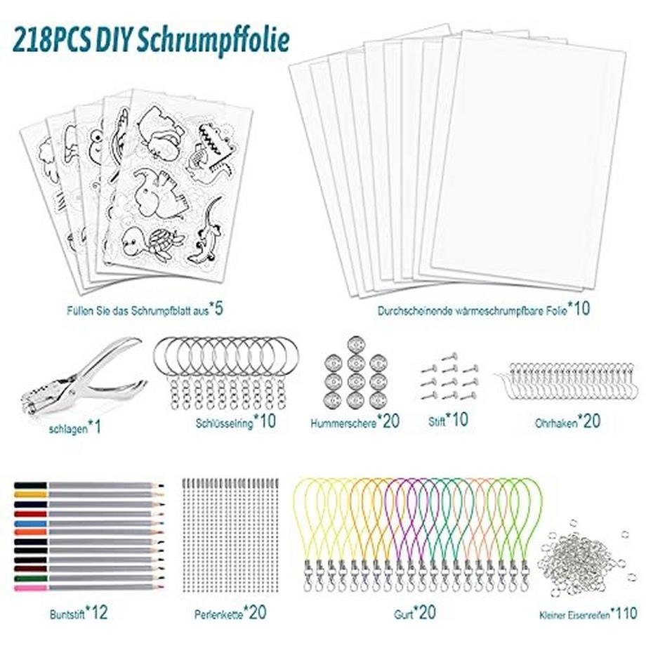 Activity-board  Schrumpffolien-Set 218Pcs DIY Bastel-Set mit A4 transluzenten Schrumpffolien-Platten A5 Färbung 