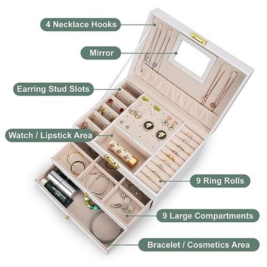 Only-bags.store  Schmuckkästchen mit 3 Ebenen, 2 Schubladen Schmuckkästchen PU-Leder-Schmuckaufbewahrung, Schmuck-Organizer für Ringe, Ohrringe, Halsketten und Uhren 