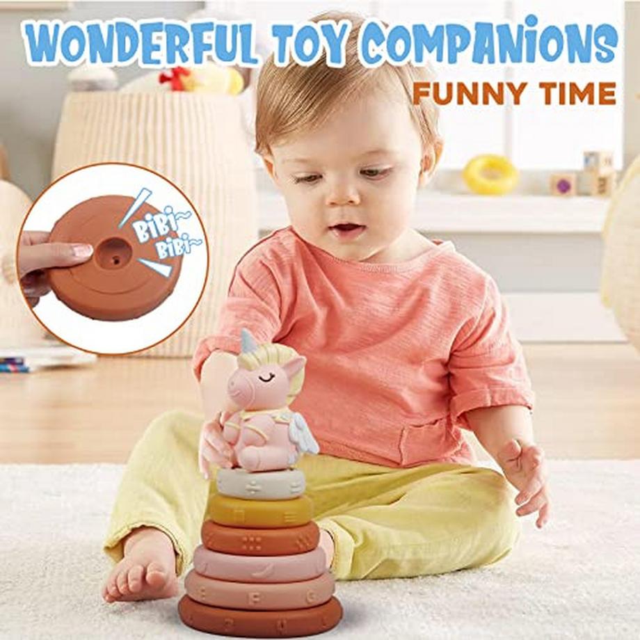 Activity-board  7 Stück Stapelspielzeug mit Ringen, Sensorik Spielzeug, Squeeze Zahnen Babyspielzeug, 
