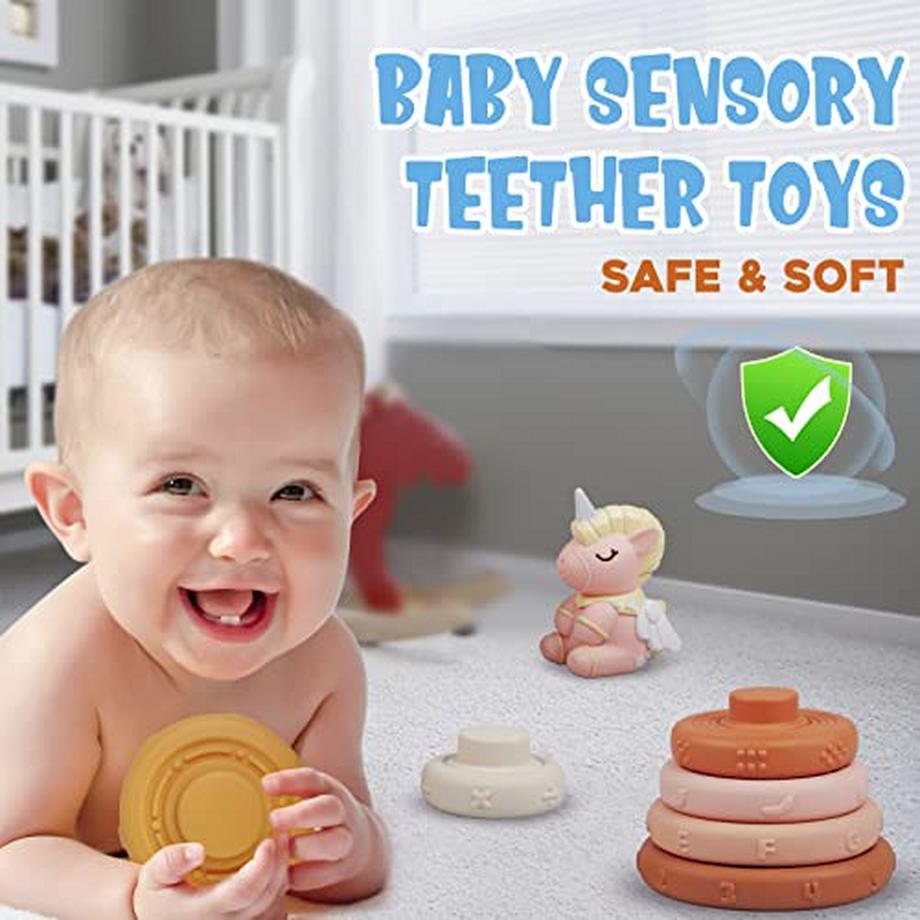 Activity-board  7 Stück Stapelspielzeug mit Ringen, Sensorik Spielzeug, Squeeze Zahnen Babyspielzeug, 