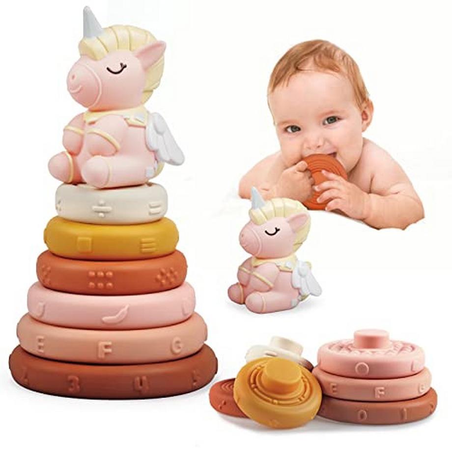 Activity-board  7 Stück Stapelspielzeug mit Ringen, Sensorik Spielzeug, Squeeze Zahnen Babyspielzeug, 