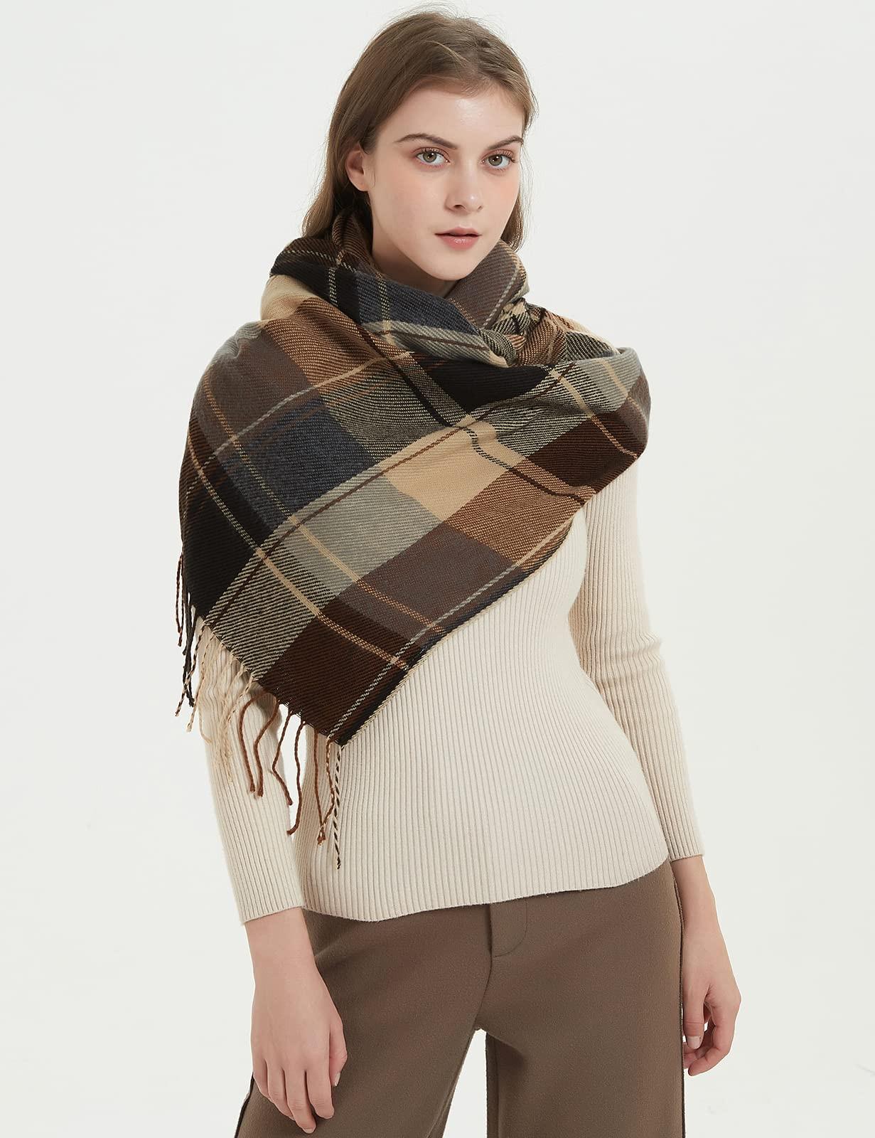 Only-bags.store Kariertes Dreieckstuch Winter Pashmina Weicher Quasten-Wickelschal  