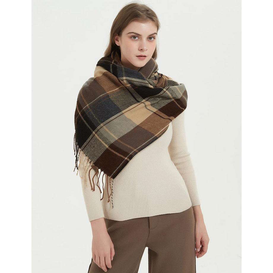 Only-bags.store Echarpe Triangle Carreaux Hiver Pashmina Doux Pompon Echarpe  