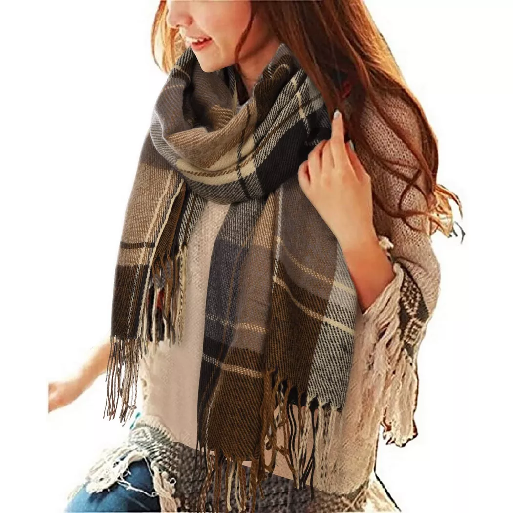 Only-bags.store - Kariertes Dreieckstuch Winter, Pashmina-Schal weicher Quasten-Wickelschal, für Damen, Braun, Größe Onesize