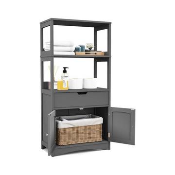 Freistehender Badezimmerschrank mit 2 Türen & 3 offenen Regalen & Schublade Hochschrank Grau