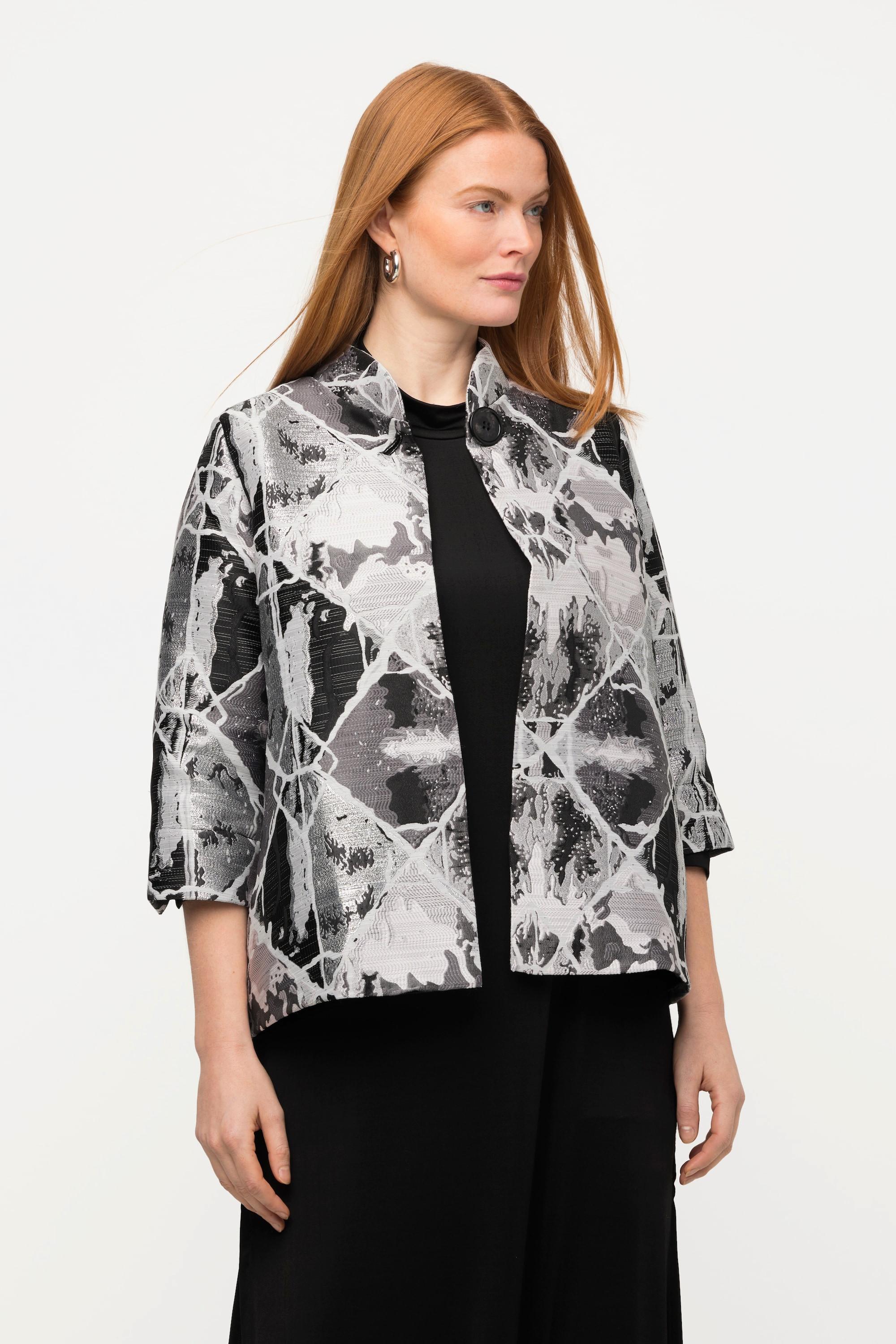 Ulla Popken  Blazer, motif à carreaux en jacquard, col montant, manches tulipe 3/4 