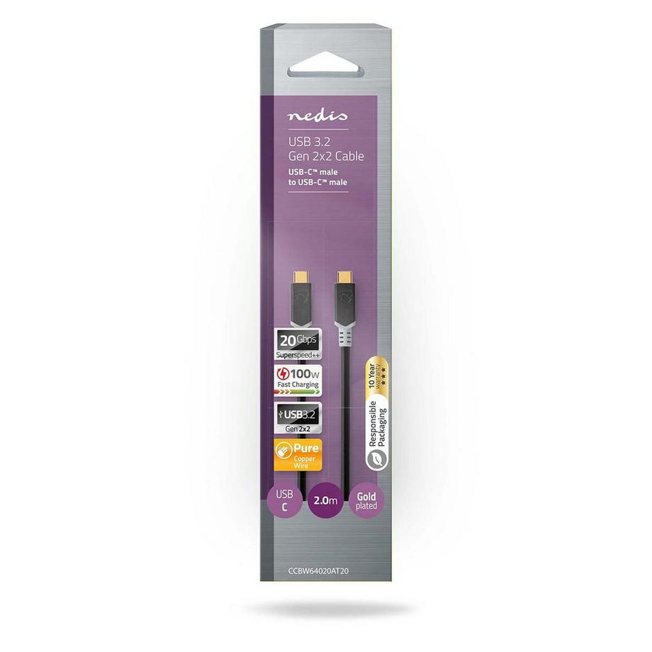 Nedis  Câble USB | USB 3.2 Gen 2x2 | USB-C™ mâle | USB-C™ mâle | 100 W | 4K@60Hz | 20 Gbps | Plaqué or | 2,00 m | Rond | PVC | Argent | Boîte 