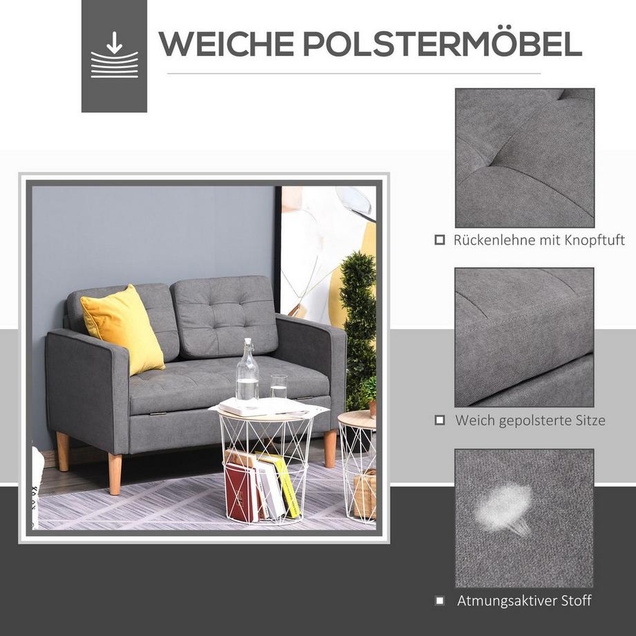Northio 2-Sitzer Sofa Stoffsofa Doppelsofa Abnehmbar Mit Kissen Gummiholz Baumwoll Grau 117 X 62 X 78 Cm  