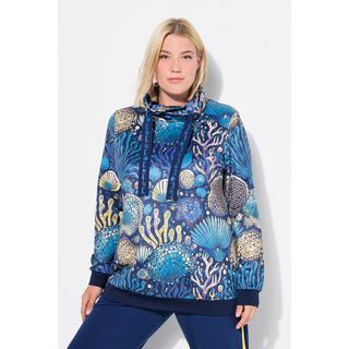 Ulla Popken  Sweat-shirt manches longues et col montant, motif coraux et coquillages, matière recyclée. 