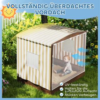 Northio  Sandkasten mit Vordach und Netztür, 142 x 101,5 cm Sandkiste aus Holz Sandbox mit Sitzbank, Stauraum, Bodenschutz, für 4 Kinder 3-6 Jahre Braun Aosom 