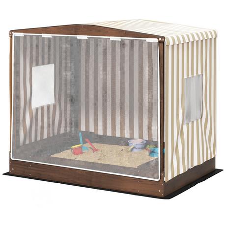 Northio  Sandkasten mit Vordach und Netztür, 142 x 101,5 cm Sandkiste aus Holz Sandbox mit Sitzbank, Stauraum, Bodenschutz, für 4 Kinder 3-6 Jahre Braun Aosom 