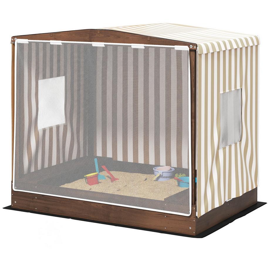 Northio  Sandkasten mit Vordach und Netztür, 142 x 101,5 cm Sandkiste aus Holz Sandbox mit Sitzbank, Stauraum, Bodenschutz, für 4 Kinder 3-6 Jahre Braun Aosom 
