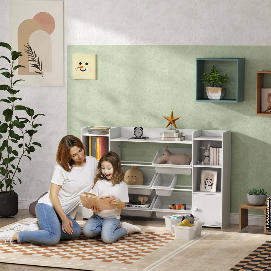 Northio  Kinderregal Spielzeugregal mit 8 herausnehmbaren Boxen, 4 offenen Fächern, 2 Schränkfach, Kinder Bücherregal für Kinderzimmer, Kindergarten, 140 x 30 x 90 cm, Weiß 