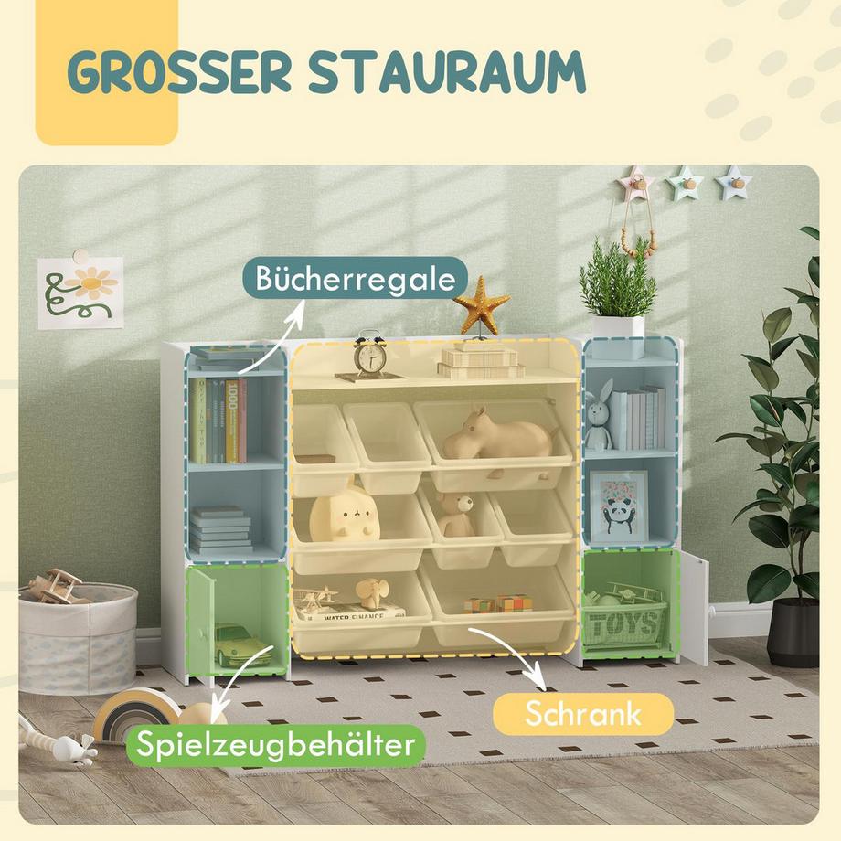 Northio  Kinderregal Spielzeugregal mit 8 herausnehmbaren Boxen, 4 offenen Fächern, 2 Schränkfach, Kinder Bücherregal für Kinderzimmer, Kindergarten, 140 x 30 x 90 cm, Weiß 