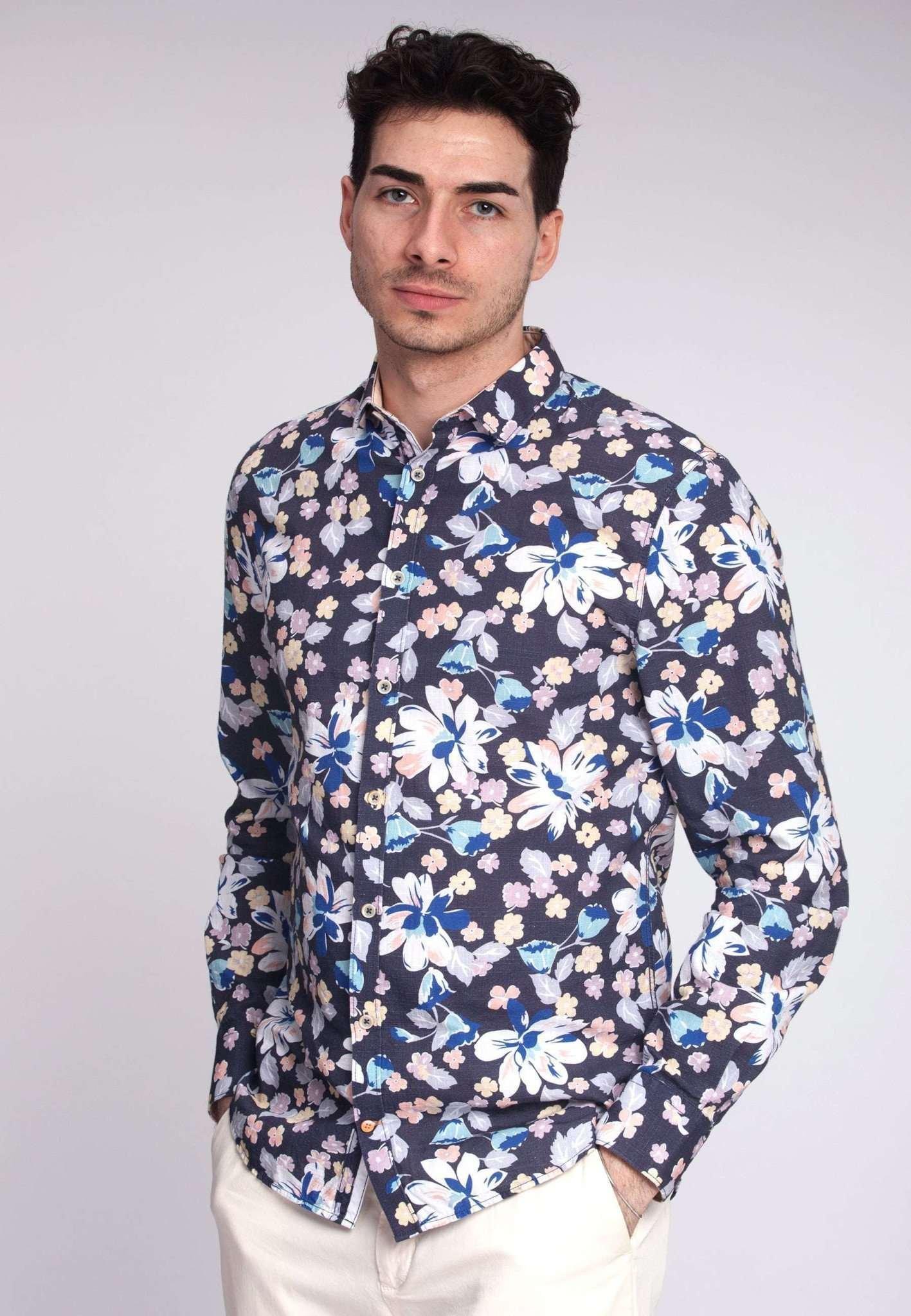 Image of Hemden Shirt Flower Print Herren Blau M