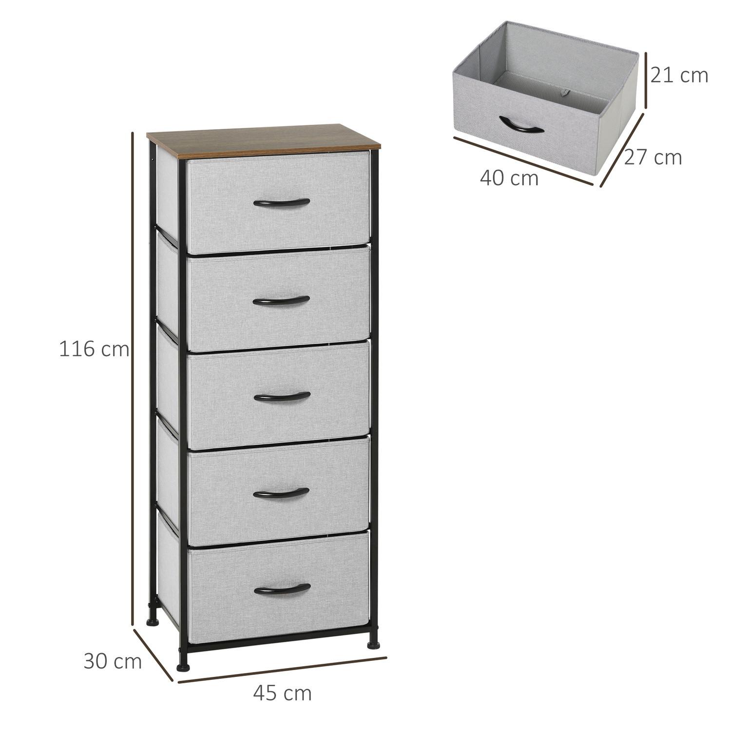 Northio Commode à 5 tiroirs en tissu, meuble de rangement, commode avec poignées, design moderne, meuble à tiroirs, commode de rangement pour chambre, salon gris |  