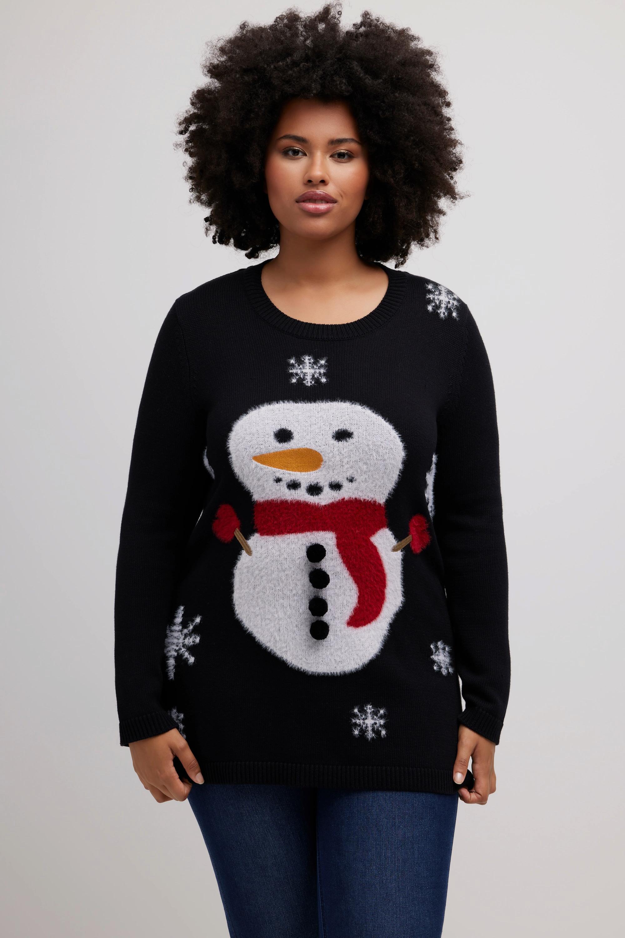 Ulla Popken  Pull de Noël, col rond et manches longues, motif bonhomme de neige 