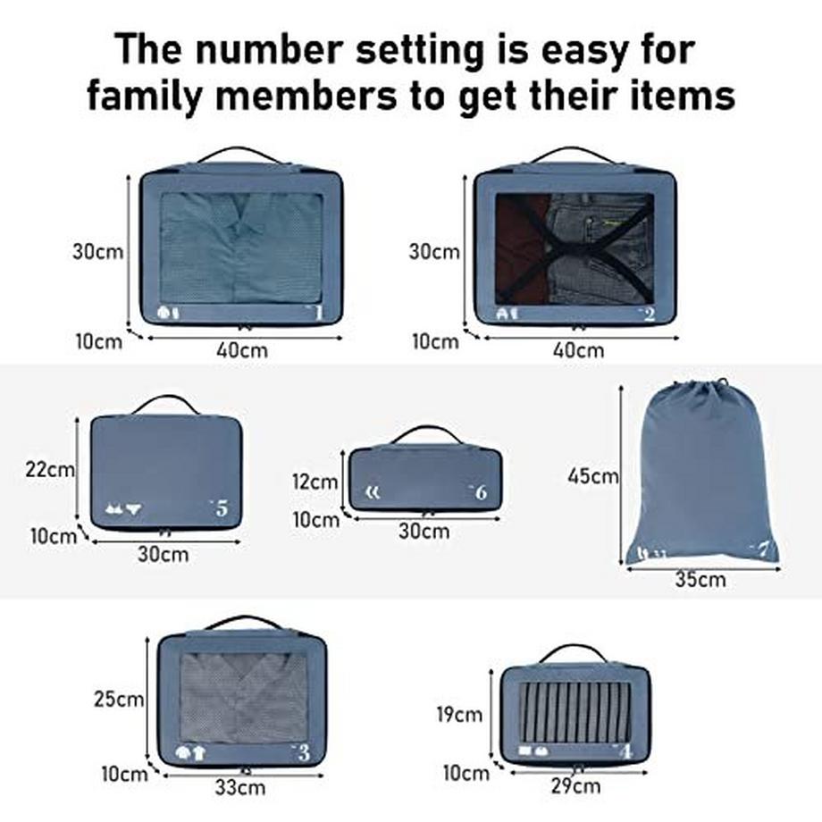 Only-bags.store  Kofferorganisator Packwürfel 7-teiliges Set Packwürfel Haustier Recycelte Packsäcke für Kofferorganisator für Rucksack Schuhsack Kleidersäcke (blau) 