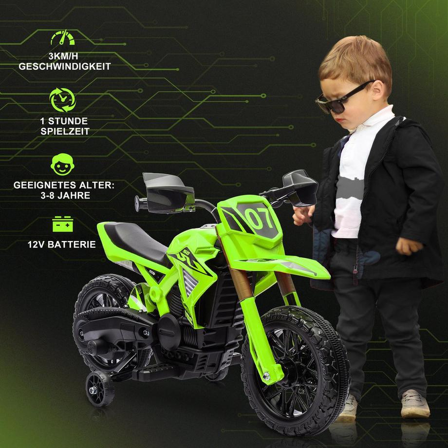 Northio  Kinder Elektro-Motorrad, 6V Kindermotorrad mit Stützrädern, Kinderfahrzeug mit Hupe und Startgeräusch, 3 km/h, für 3-8 Jahre Kinder, max. 30 kg, Grün 