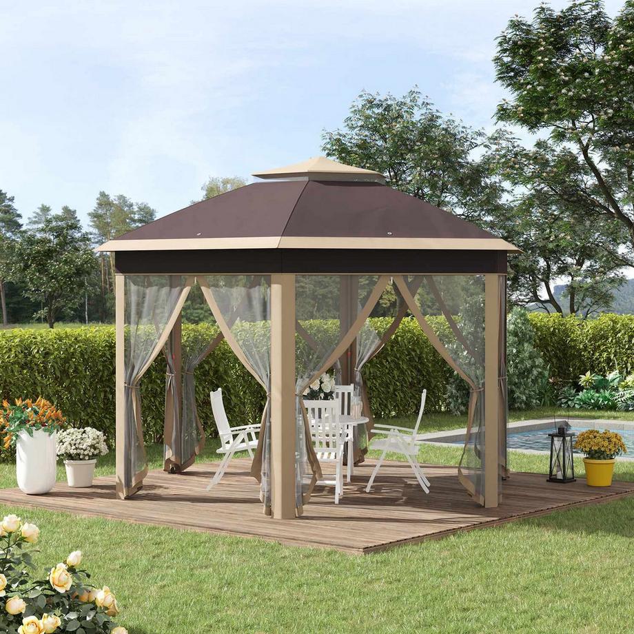 Northio Gartenpavillon Faltpavillon 4X4M Pop-Up-Zelt Mit Tragetasche, 6 Seitenteile, Doppeldach, Sechseckig, Beige+Khaki  