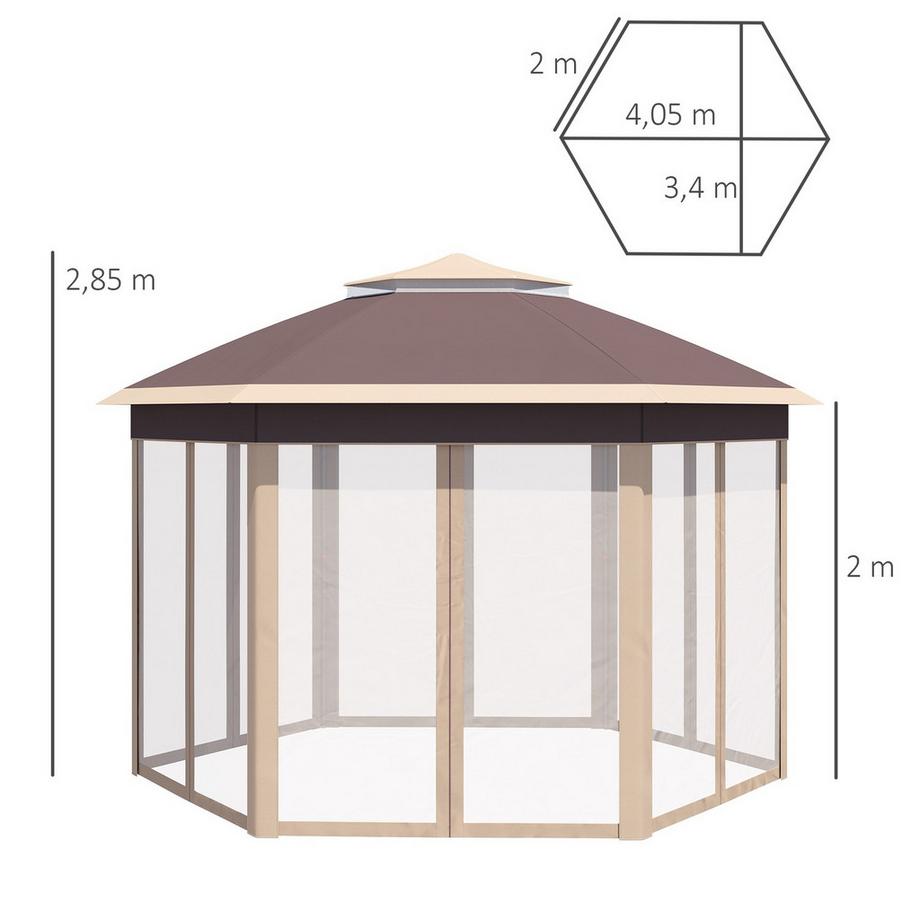 Northio Gartenpavillon Faltpavillon 4X4M Pop-Up-Zelt Mit Tragetasche, 6 Seitenteile, Doppeldach, Sechseckig, Beige+Khaki  