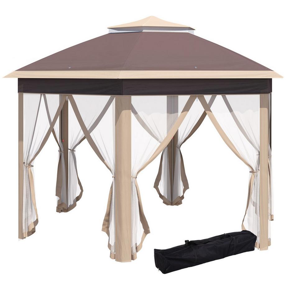 Gartenpavillon Faltpavillon 4X4M Pop-Up-Zelt Mit Tragetasche, 6 Seitenteile, Doppeldach, Sechseckig, Beige+Khaki