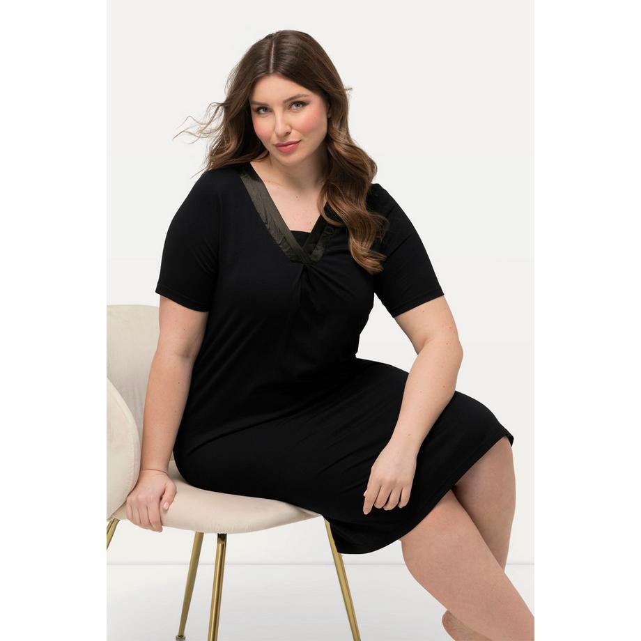 Ulla Popken Nachthemd Satindetails V-Ausschnitt Halbarm  