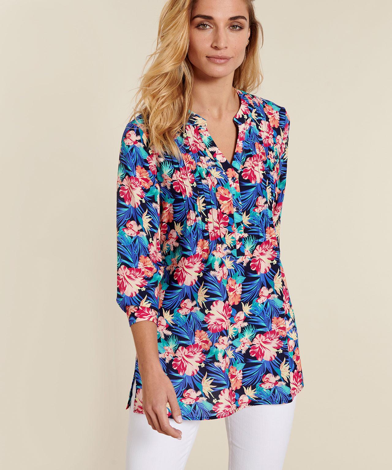 Image of Tunika Mit Tropical Print. Damen Blau 48