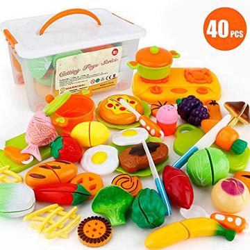 Lebensmittelspielzeug, Schneiden von Obst und Gemüse, Rollenspiel, Lernspielzeug, Kinderküchenzubehör mit Aufbewahrungskoffer, Geschenk für Kinder