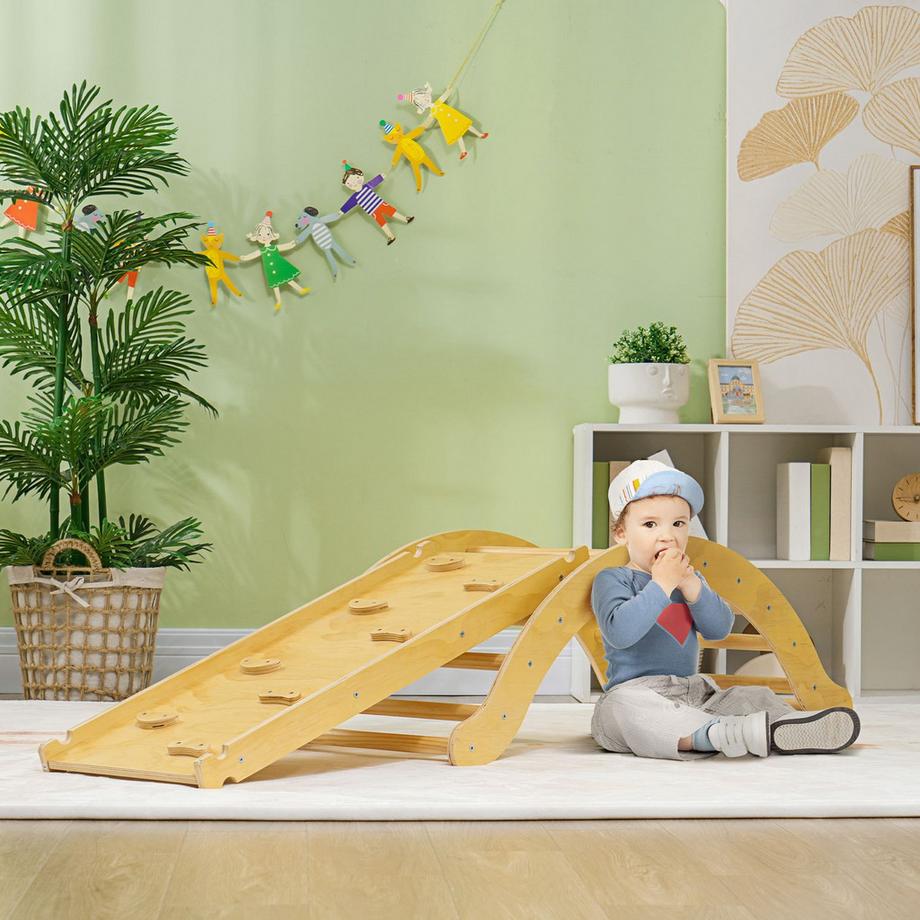 Northio  4 in 1 Klettergerüst Set mit Rutsche, Kletterdreieck zum Rutschen und Klettern, Kletterspielzeug aus Holz, für Kinder 1,5-4 Jahre, Indoor, Naturholz 