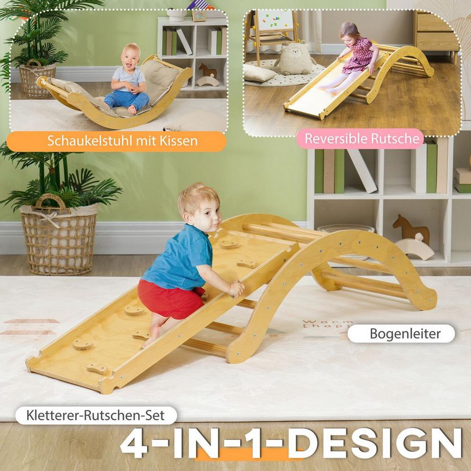 Northio  4 in 1 Klettergerüst Set mit Rutsche, Kletterdreieck zum Rutschen und Klettern, Kletterspielzeug aus Holz, für Kinder 1,5-4 Jahre, Indoor, Naturholz 