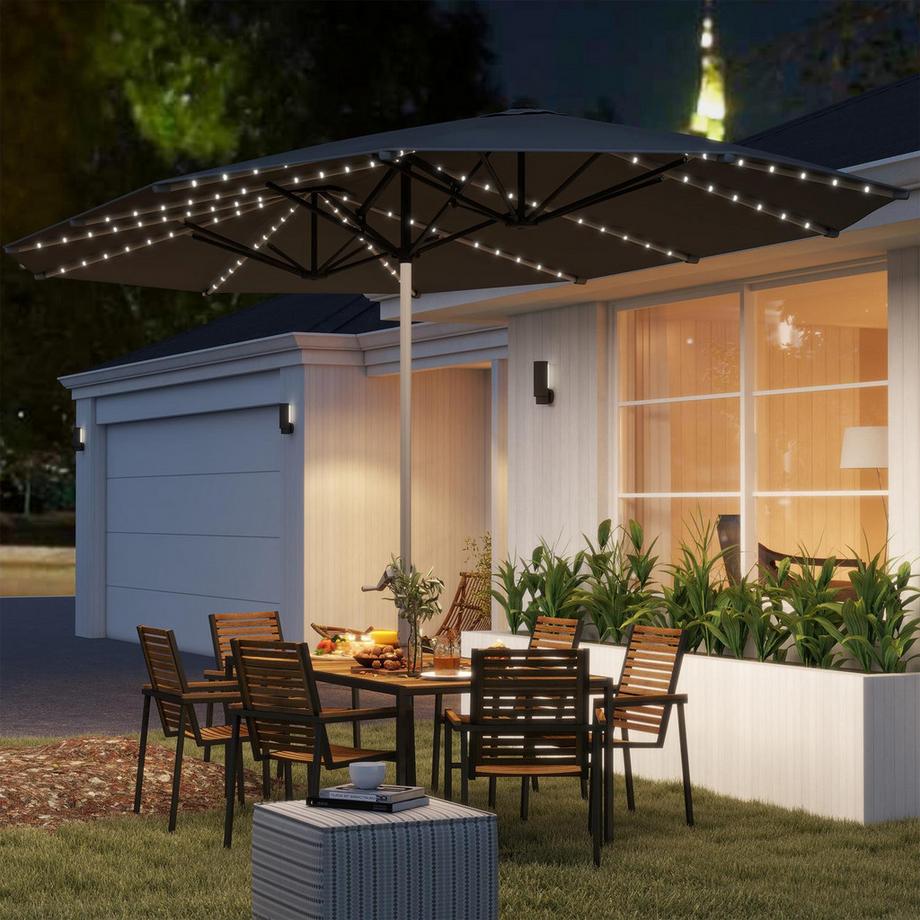 Northio Ombrellone Doppio con Luci Solari a LED 451 x 267 cm Alluminio UV 50+ Ombrellone con Manovella Ombrellone da Balcone Antivento Ombrellone da Mercato Protezione Solare per Spiaggia Balcone Giardino Grigio Scuro |  